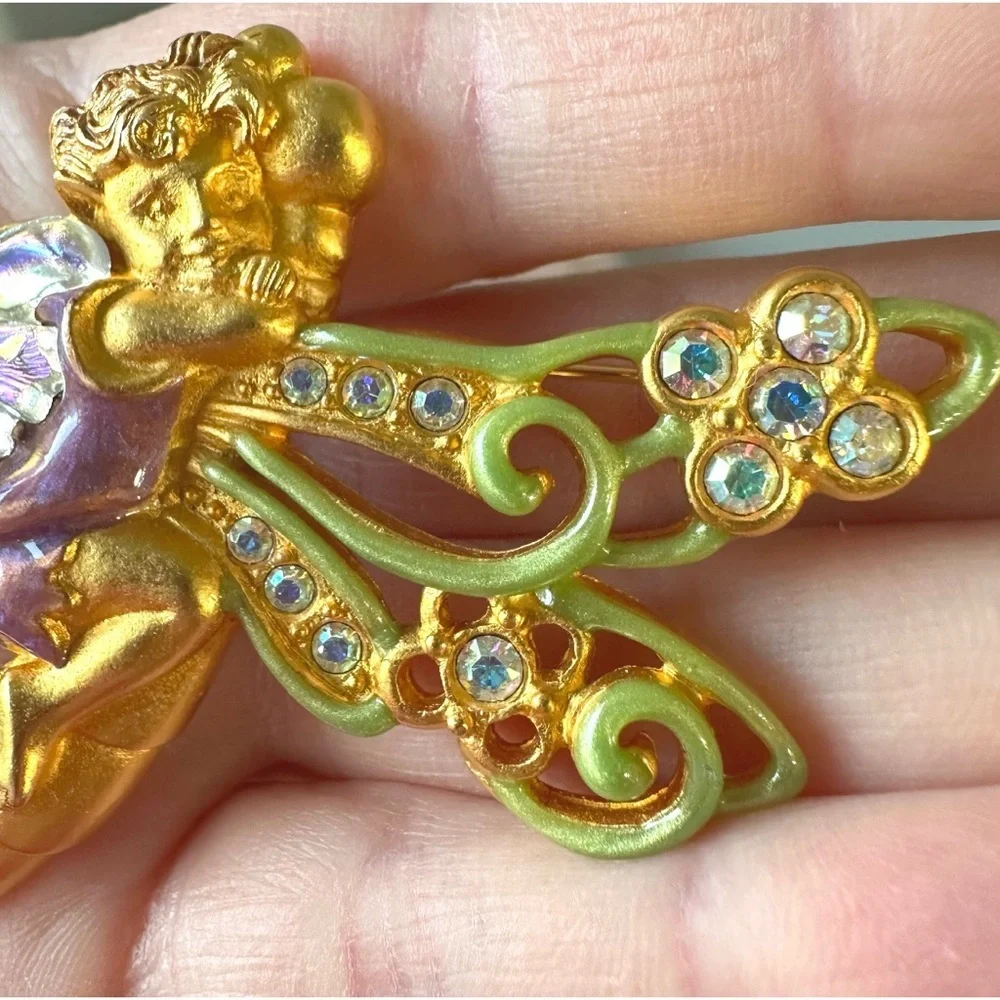 SIGNED KIRKS FOLLY AURORA BOREALIS WOODLAND FAIRY on DRAGONFLY BROOCH ~ 3.25”